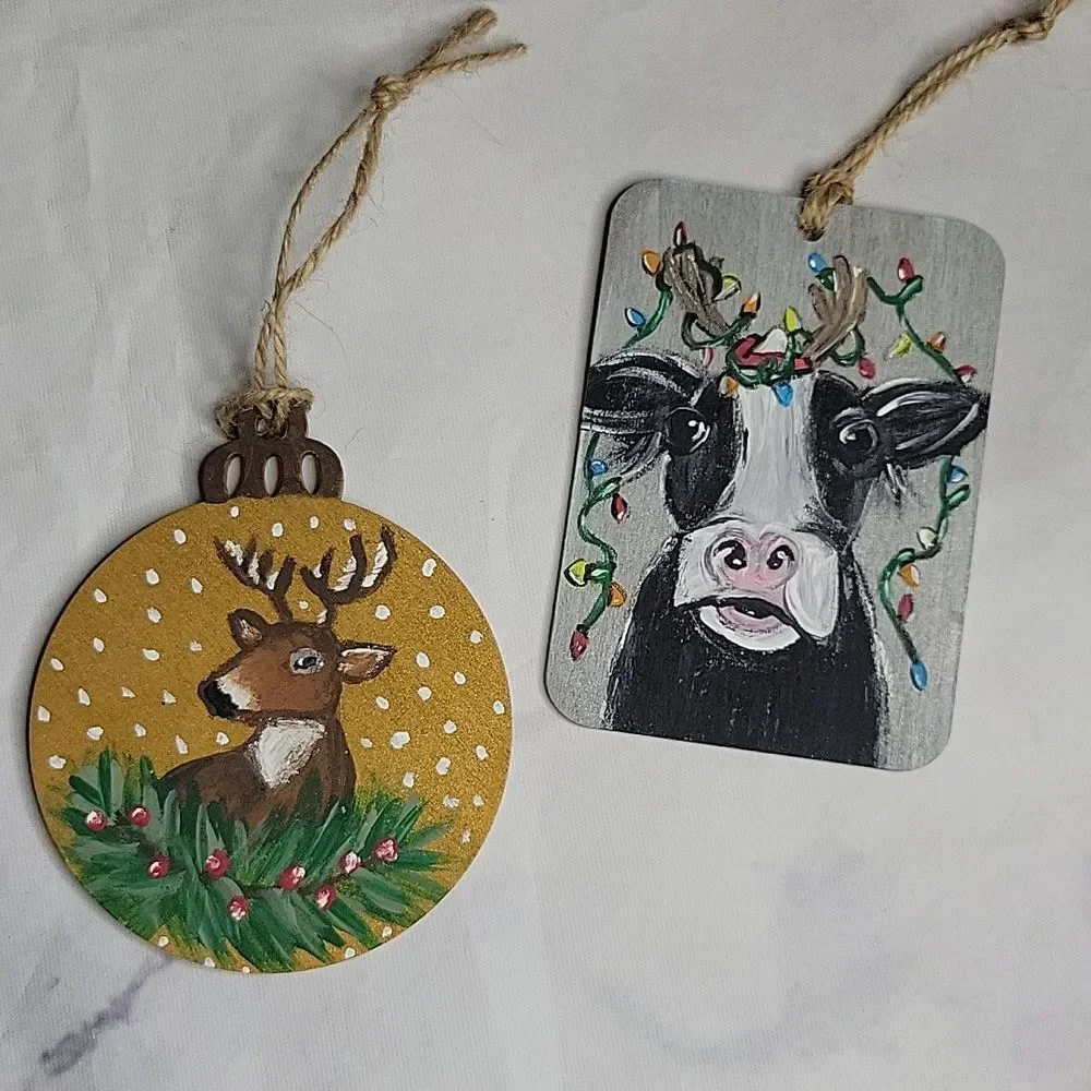 Set of 2 Handpainted Deer & Festive Cow ornaments